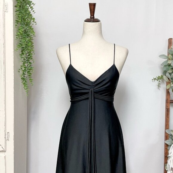 Vintage 70s Maxi Dress Small Black Slinky Spaghetti Strap Jersey Gown Union Made - Picture 3 of 12